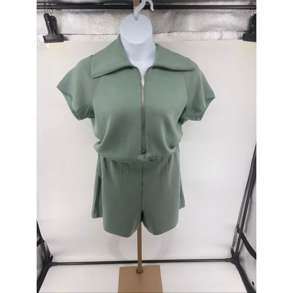 Spanx AirEssentials Zip Front Short Sleeve Romper Size XL Fennel Green NWT